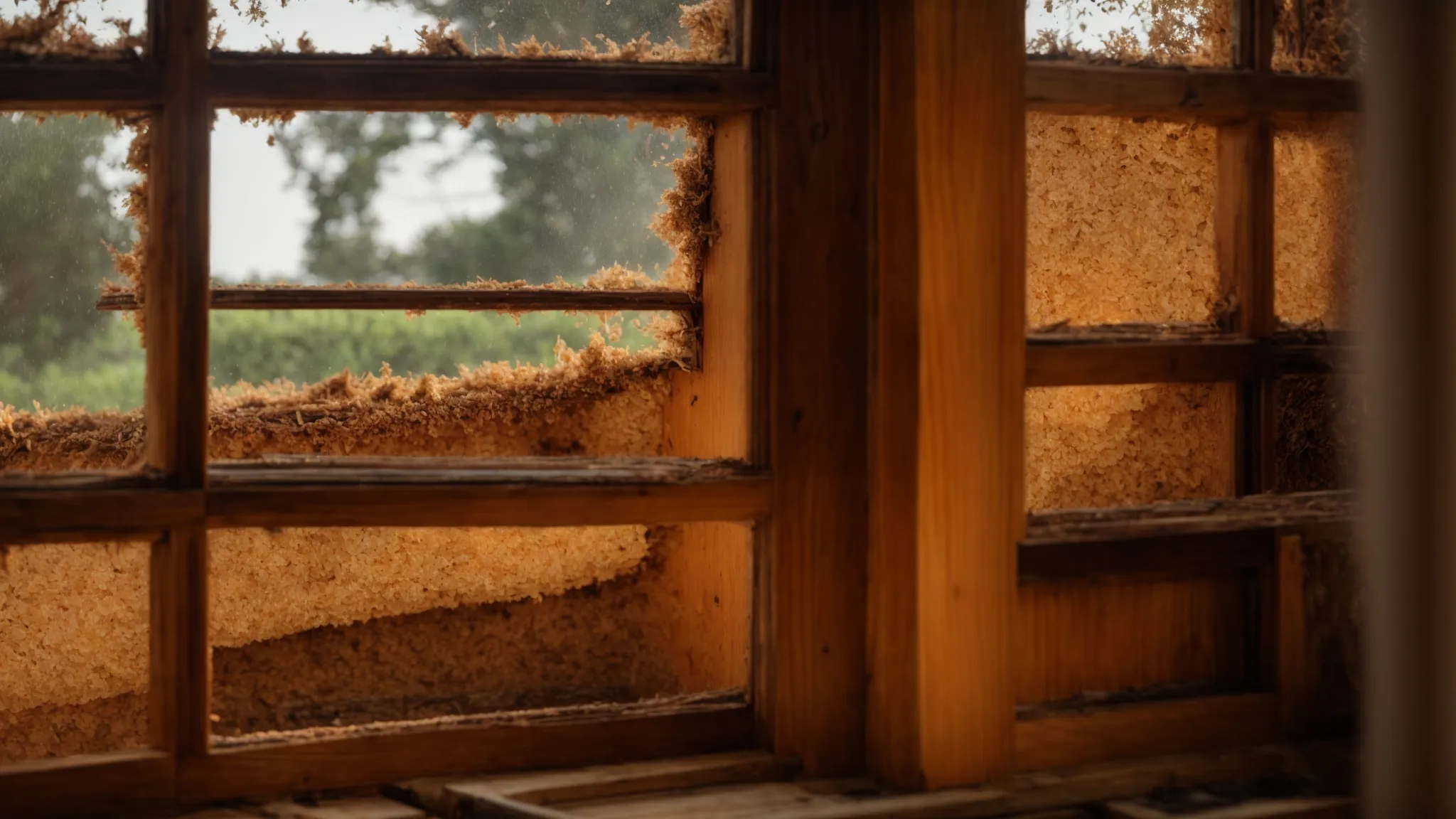 a close-up photo of a termite-infested wooden window frame in a cypress home, showing visible tunnels and damage.
